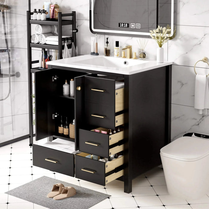 30'' Bathroom Vanity with Ceramic Sink Combo, Solid Wood Frame Bathroom Storage Cabinet, Freestanding Vanity Set with 4 Drawers& Soft Closing Doors, Black Default -DTYStore