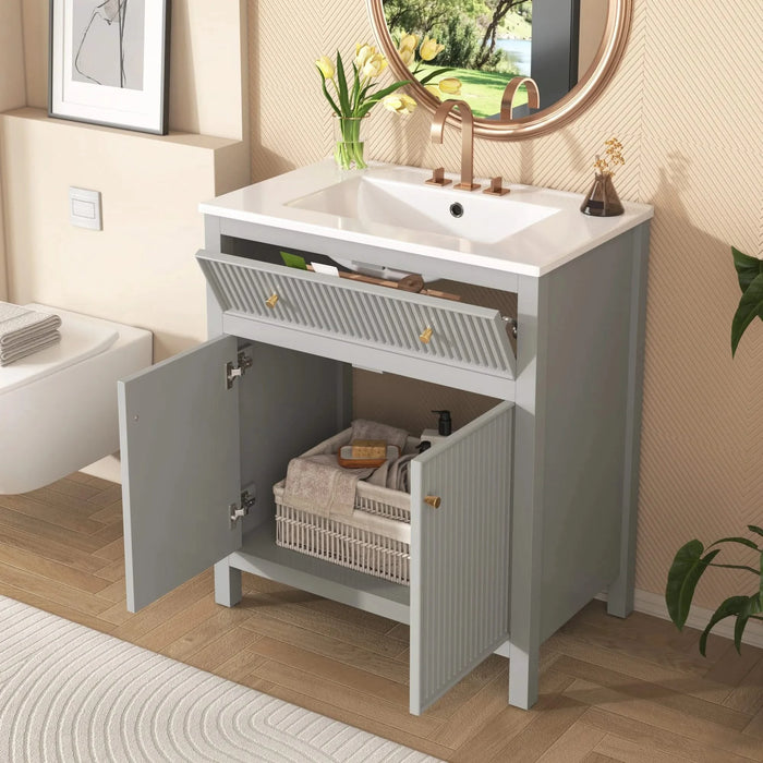 30'' Bathroom Vanity with Ceramic Sink, Free Standing Single Vanity Set with Soft Closing Doors, Modern Style, Grey Default -DTYStore