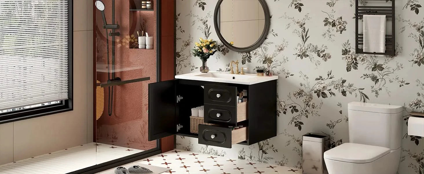 30' Bathroom Vanity with Ceramic Sink, Mid-Century Bathroom Vanity Cabinet with 2 Drawers, Bathroom Vanities Cabinet with Large Storage Space Default -DTYStore