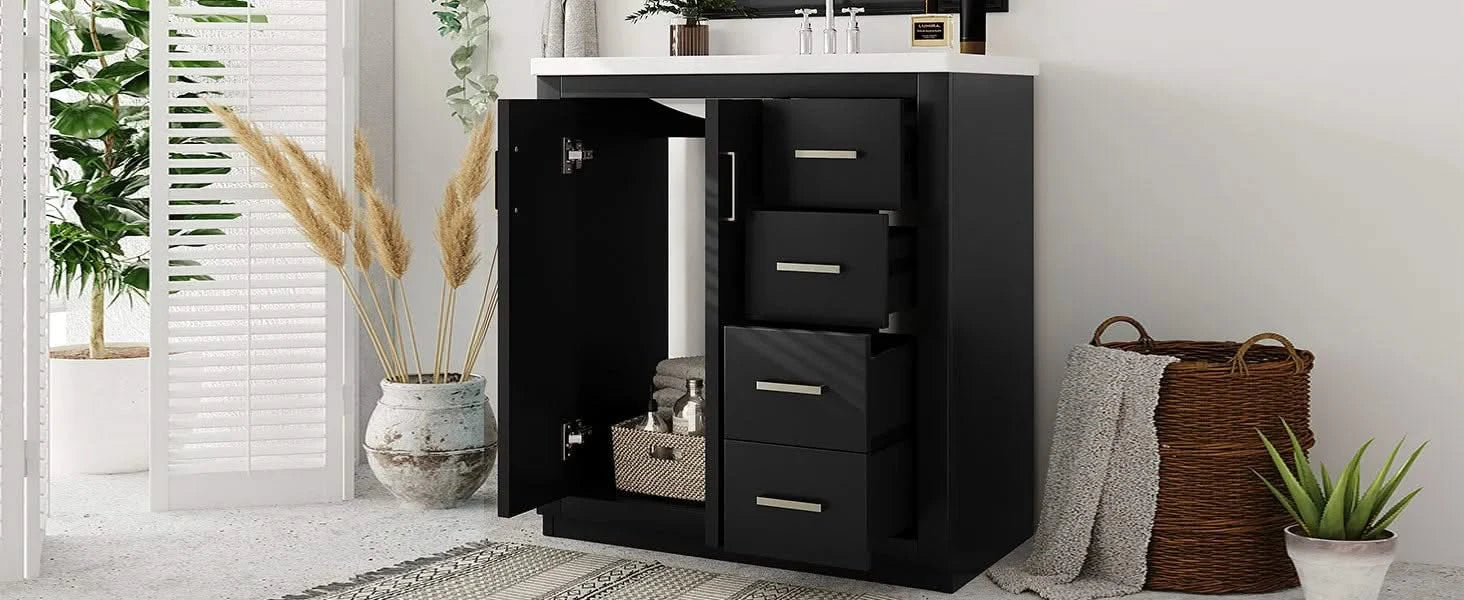 30'' Bathroom Vanity with Resin Sink Combo,Solid Wood Frame Bathroom Storage Cabinet, Freestanding Vanity Set with 3 Drawers& Soft Closing Doors (Same as SW000120AAB) Default -DTYStore