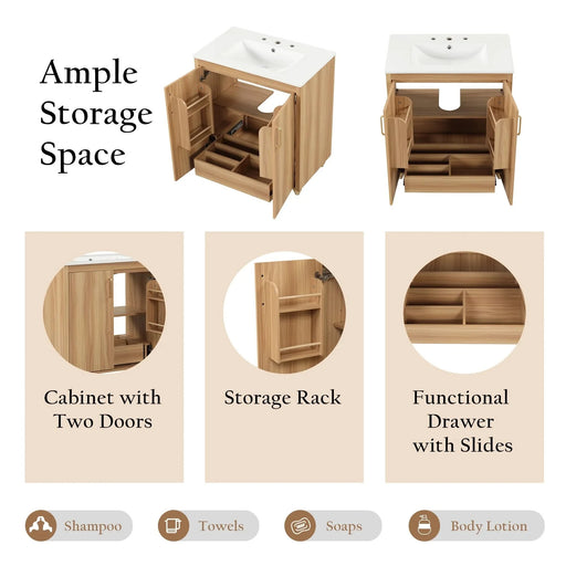 30' Bathroom Vanity with Sink Combo, Multi-functional Bathroom Cabinet with Doors and Drawer, MDF Board, Natural Default -DTYStore