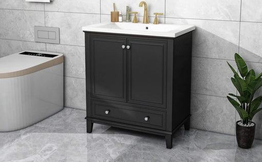 30' Bathroom Vanity with Sink Combo, Multi-functional Bathroom Cabinet with Doors and Drawer, Solid Frame and MDF Board, Black Default -DTYStore