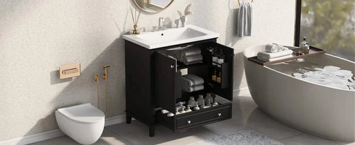 30' Bathroom Vanity with Sink Combo, Multi-functional Bathroom Cabinet with Doors and Drawer, Solid Frame and MDF Board, Black Default -DTYStore