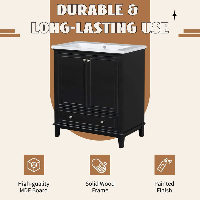 30' Bathroom Vanity with Sink Combo, Multi-functional Bathroom Cabinet with Doors and Drawer, Solid Frame and MDF Board, Black Default -DTYStore