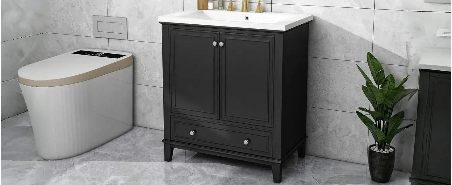 30' Bathroom Vanity with Sink Combo, Multi-functional Bathroom Cabinet with Doors and Drawer, Solid Frame and MDF Board, Black Default -DTYStore