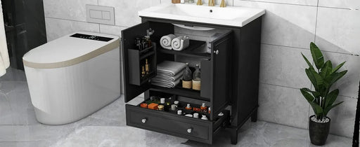 30' Bathroom Vanity with Sink Combo, Multi-functional Bathroom Cabinet with Doors and Drawer, Solid Frame and MDF Board, Black Default -DTYStore