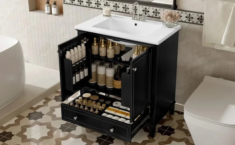 30' Bathroom Vanity with Sink Combo, Multi-functional Bathroom Cabinet with Doors and Drawer, Solid Frame and MDF Board, Black (Old Sku:SY999606AAB) Default -DTYStore