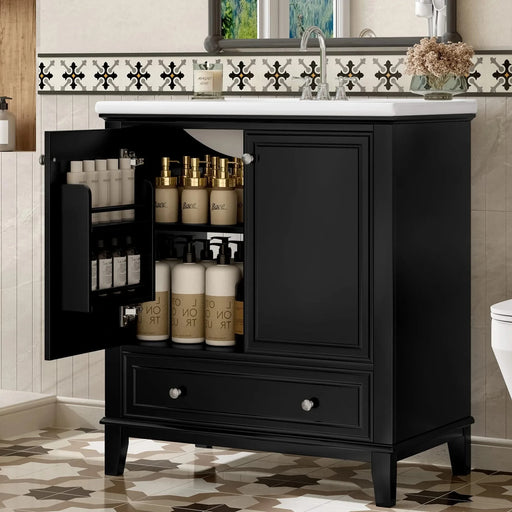 30' Bathroom Vanity with Sink Combo, Multi-functional Bathroom Cabinet with Doors and Drawer, Solid Frame and MDF Board, Black (Old Sku:SY999606AAB) Default -DTYStore