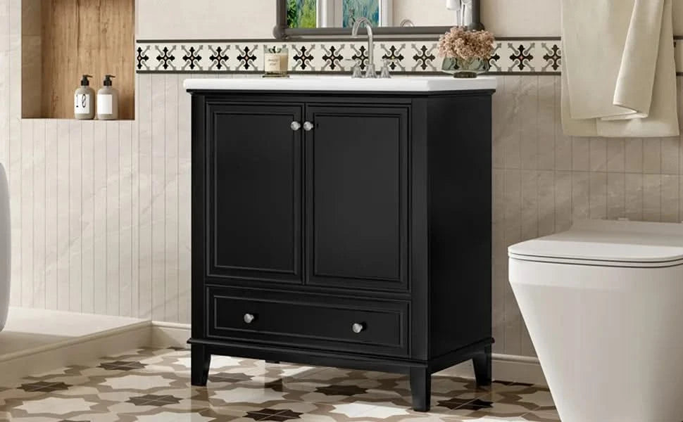 30' Bathroom Vanity with Sink Combo, Multi-functional Bathroom Cabinet with Doors and Drawer, Solid Frame and MDF Board, Black (Old Sku:SY999606AAB) Default -DTYStore