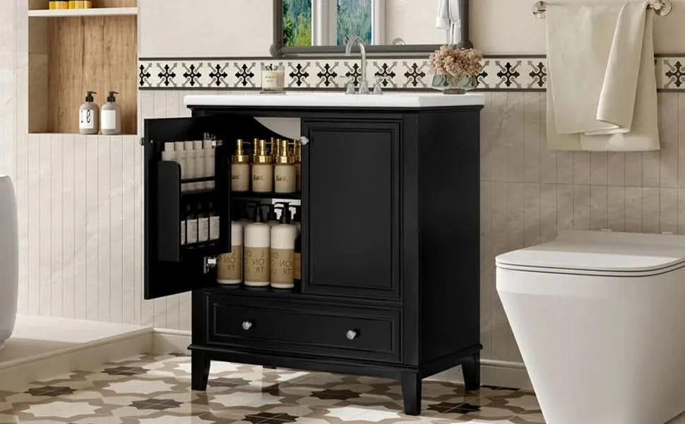 30' Bathroom Vanity with Sink Combo, Multi-functional Bathroom Cabinet with Doors and Drawer, Solid Frame and MDF Board, Black (Old Sku:SY999606AAB) Default -DTYStore