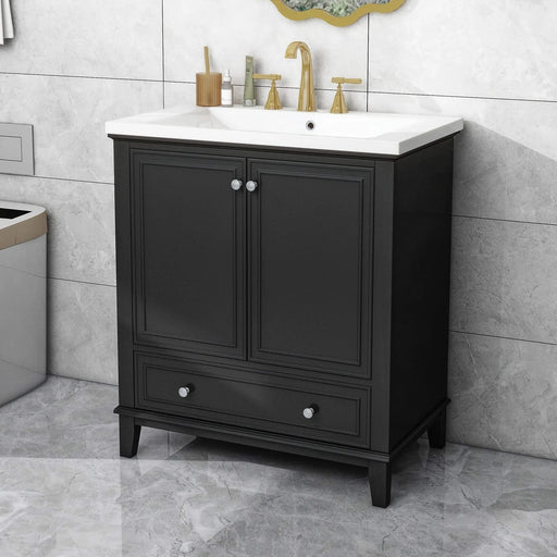 30' Bathroom Vanity with Sink Combo, Multi-functional Bathroom Cabinet with Doors and Drawer, Solid Frame and MDF Board, Black Default -DTYStore