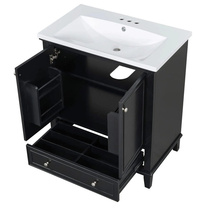 30' Bathroom Vanity with Sink Combo, Multi-functional Bathroom Cabinet with Doors and Drawer, Solid Frame and MDF Board, Black Default -DTYStore