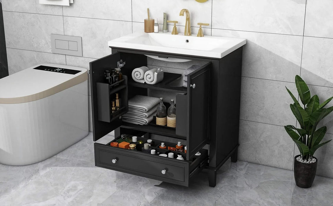30' Bathroom Vanity with Sink Combo, Multi-functional Bathroom Cabinet with Doors and Drawer, Solid Frame and MDF Board, Black Default -DTYStore