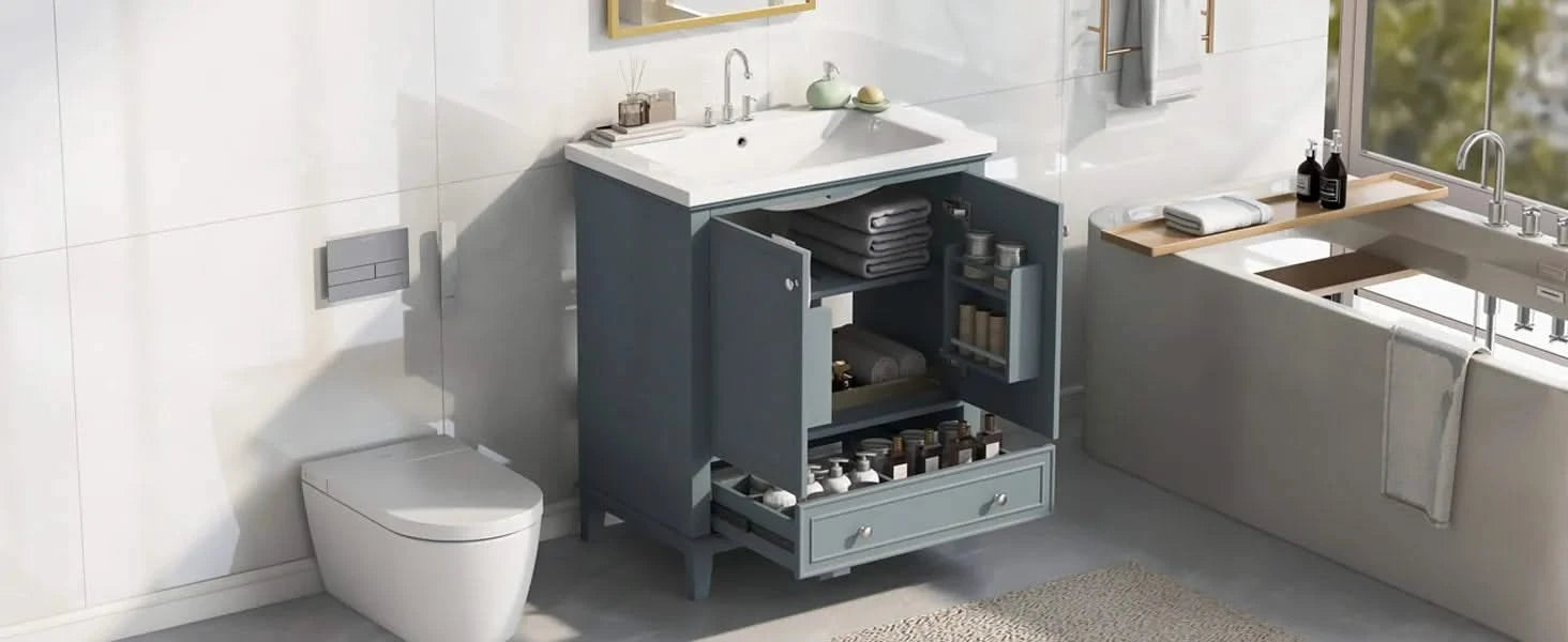 30' Bathroom Vanity with Sink Combo, Multi-functional Bathroom Cabinet with Doors and Drawer, Solid Frame and MDF Board, Blue Default -DTYStore