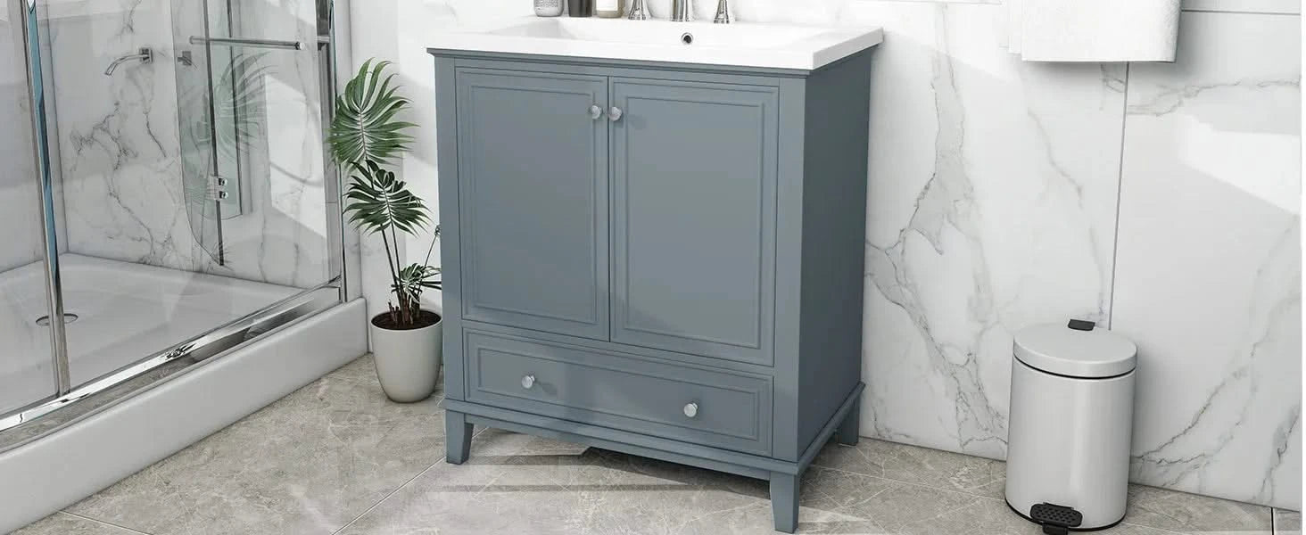 30' Bathroom Vanity with Sink Combo, Multi-functional Bathroom Cabinet with Doors and Drawer, Solid Frame and MDF Board, Blue Default -DTYStore