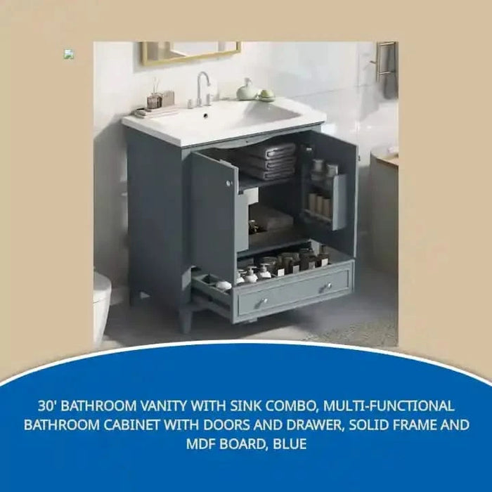 30' Bathroom Vanity with Sink Combo, Multi-functional Bathroom Cabinet with Doors and Drawer, Solid Frame and MDF Board, Blue Default -DTYStore