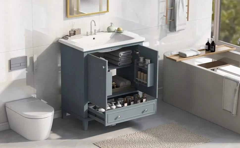 30' Bathroom Vanity with Sink Combo, Multi-functional Bathroom Cabinet with Doors and Drawer, Solid Frame and MDF Board, Blue Default -DTYStore