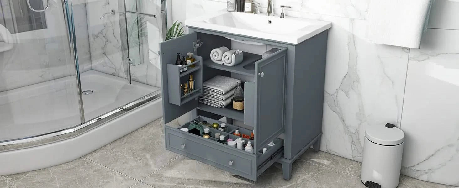 30' Bathroom Vanity with Sink Combo, Multi-functional Bathroom Cabinet with Doors and Drawer, Solid Frame and MDF Board, Blue Default -DTYStore