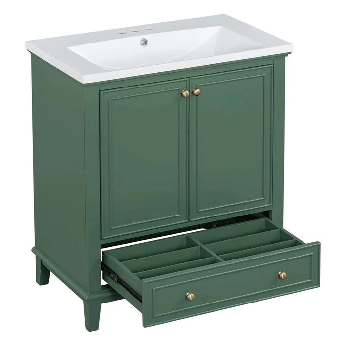 30' Bathroom Vanity with Sink Combo, Multi-functional Bathroom Cabinet with Doors and Drawer, Solid Frame and MDF Board, Dark Green Default -DTYStore