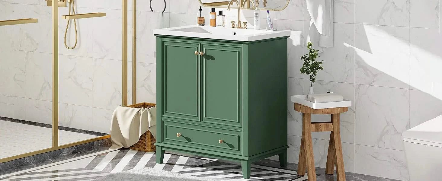 30' Bathroom Vanity with Sink Combo, Multi-functional Bathroom Cabinet with Doors and Drawer, Solid Frame and MDF Board, Dark Green Default -DTYStore