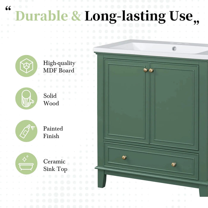 30' Bathroom Vanity with Sink Combo, Multi-functional Bathroom Cabinet with Doors and Drawer, Solid Frame and MDF Board, Dark Green Default -DTYStore