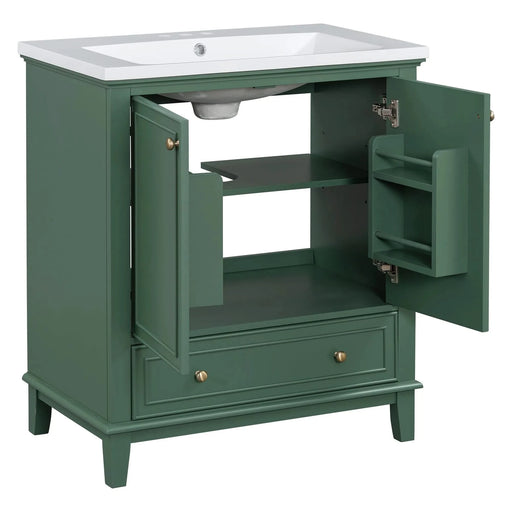 30' Bathroom Vanity with Sink Combo, Multi-functional Bathroom Cabinet with Doors and Drawer, Solid Frame and MDF Board, Dark Green Default -DTYStore