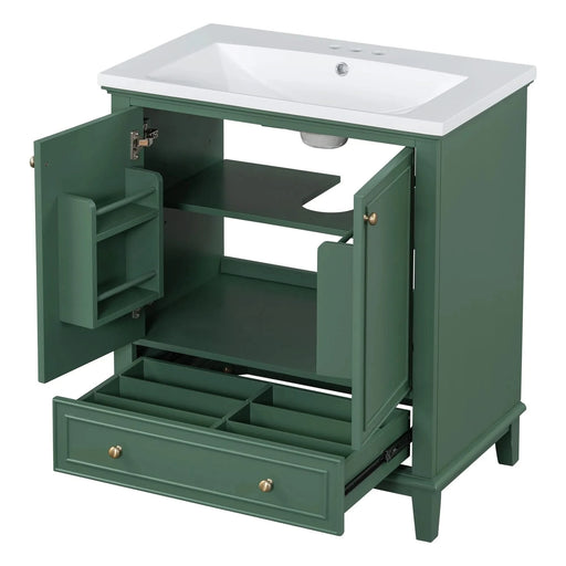30' Bathroom Vanity with Sink Combo, Multi-functional Bathroom Cabinet with Doors and Drawer, Solid Frame and MDF Board, Dark Green Default -DTYStore
