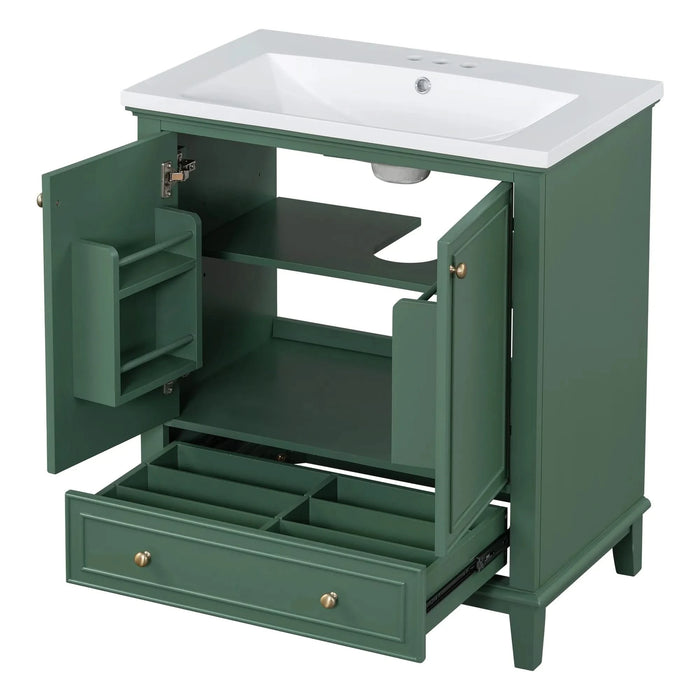 30' Bathroom Vanity with Sink Combo, Multi-functional Bathroom Cabinet with Doors and Drawer, Solid Frame and MDF Board, Dark Green Default -DTYStore