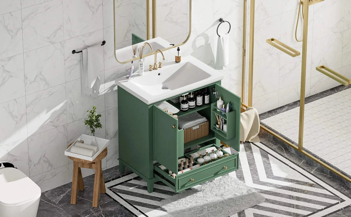 30' Bathroom Vanity with Sink Combo, Multi-functional Bathroom Cabinet with Doors and Drawer, Solid Frame and MDF Board, Dark Green Default -DTYStore