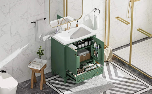 30' Bathroom Vanity with Sink Combo, Multi-functional Bathroom Cabinet with Doors and Drawer, Solid Frame and MDF Board, Dark Green Default -DTYStore