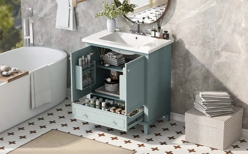 30' Bathroom Vanity with Sink Combo, Multi-functional Bathroom Cabinet with Doors and Drawer, Solid Frame and MDF Board, Green (Old Sku:SY999606AAC) Default -DTYStore