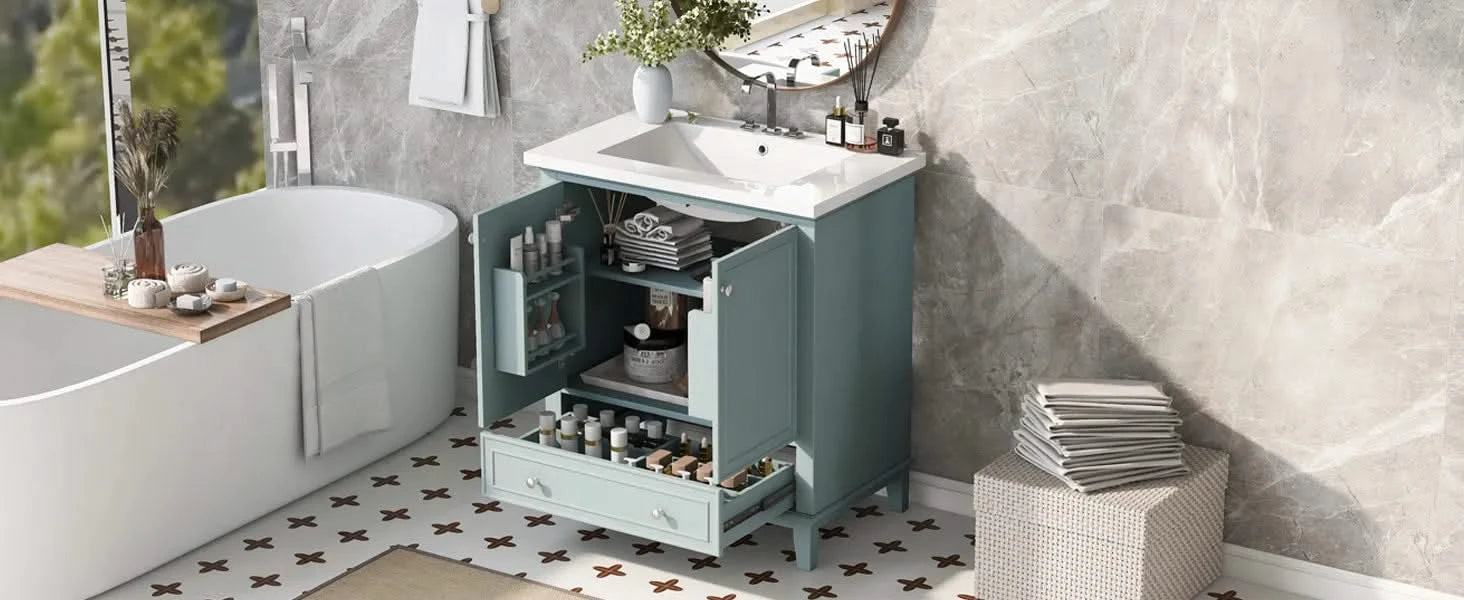 30' Bathroom Vanity with Sink Combo, Multi-functional Bathroom Cabinet with Doors and Drawer, Solid Frame and MDF Board, Green (Old Sku:SY999606AAC) Default -DTYStore