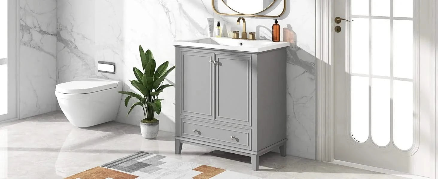 30' Bathroom Vanity with Sink Combo, Multi-functional Bathroom Cabinet with Doors and Drawer, Solid Frame and MDF Board, Grey Default -DTYStore