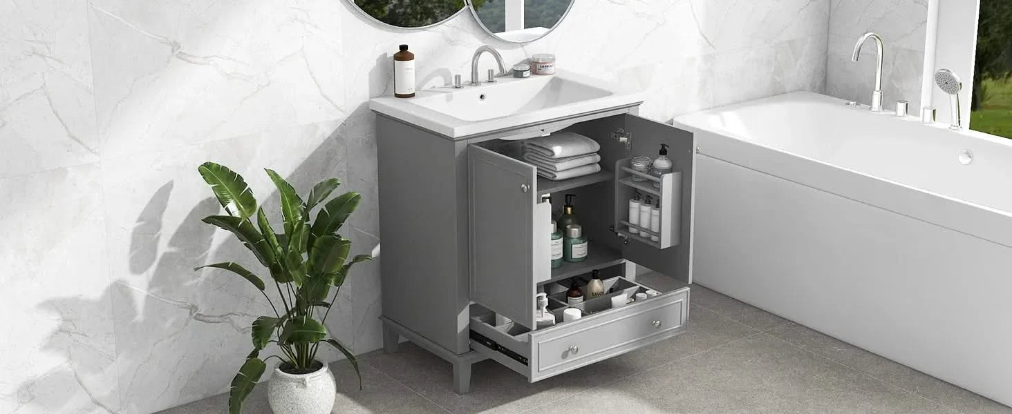 30' Bathroom Vanity with Sink Combo, Multi-functional Bathroom Cabinet with Doors and Drawer, Solid Frame and MDF Board, Grey Default -DTYStore