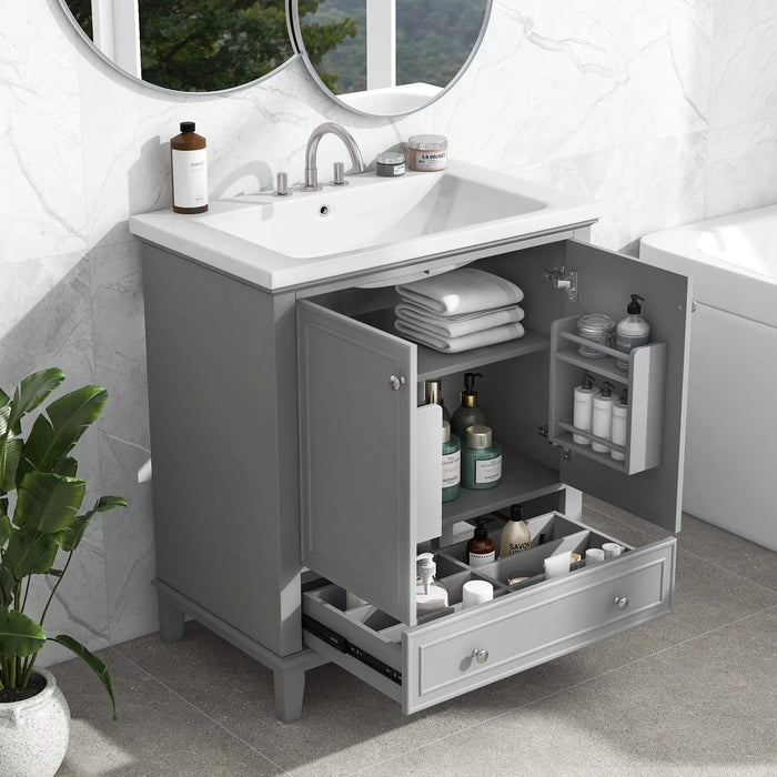 30' Bathroom Vanity with Sink Combo, Multi-functional Bathroom Cabinet with Doors and Drawer, Solid Frame and MDF Board, Grey Default -DTYStore