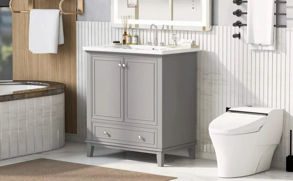 30' Bathroom Vanity with Sink Combo, Multi-functional Bathroom Cabinet with Doors and Drawer, Solid Frame and MDF Board, Grey (Old Sku:SY999606AAE) Default -DTYStore
