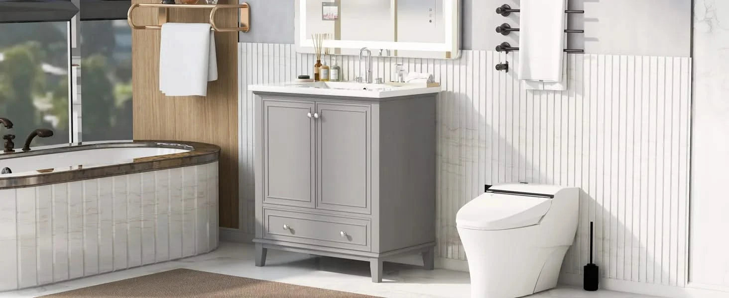 30' Bathroom Vanity with Sink Combo, Multi-functional Bathroom Cabinet with Doors and Drawer, Solid Frame and MDF Board, Grey (Old Sku:SY999606AAE) Default -DTYStore