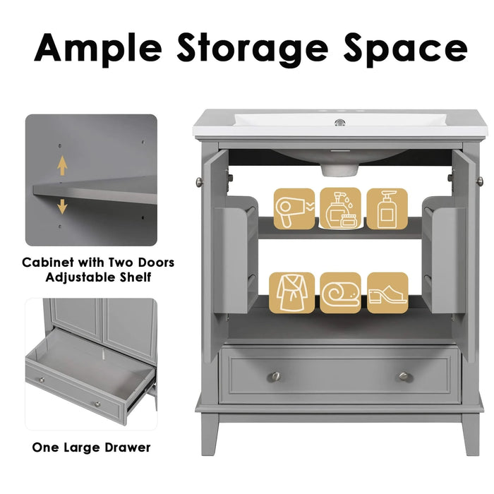 30' Bathroom Vanity with Sink Combo, Multi-functional Bathroom Cabinet with Doors and Drawer, Solid Frame and MDF Board, Grey (Old Sku:SY999606AAE) Default -DTYStore