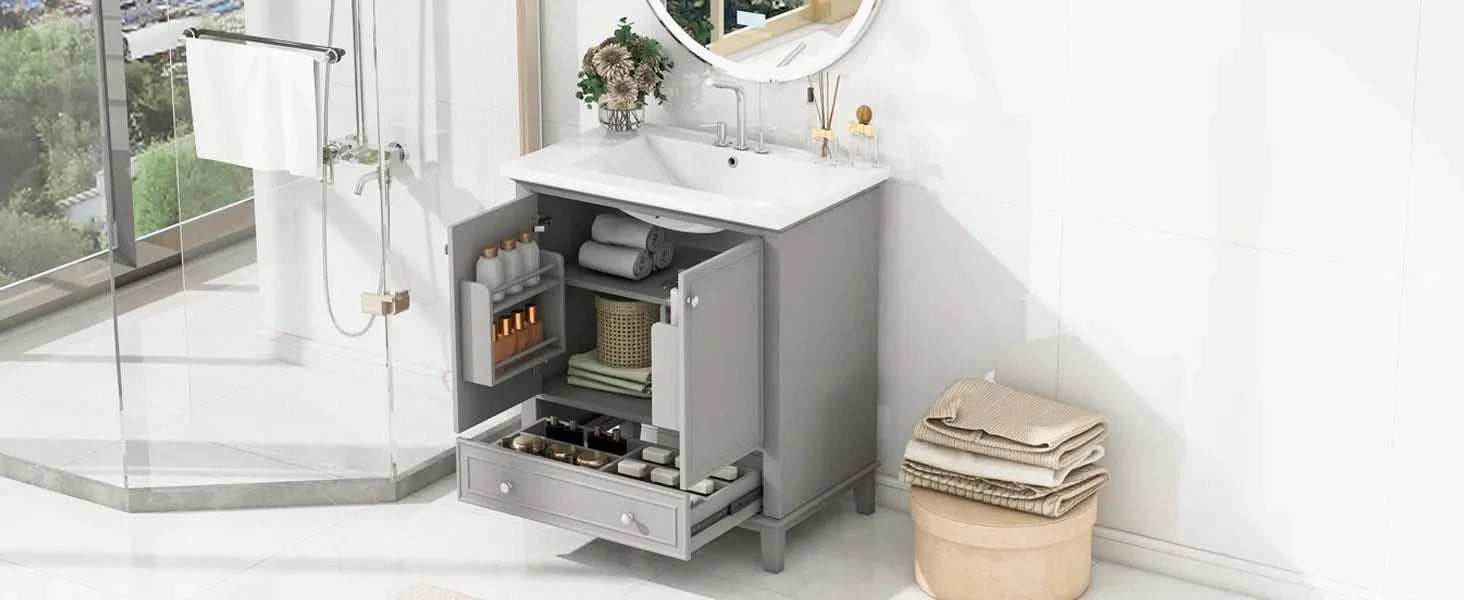 30' Bathroom Vanity with Sink Combo, Multi-functional Bathroom Cabinet with Doors and Drawer, Solid Frame and MDF Board, Grey (Old Sku:SY999606AAE) Default -DTYStore