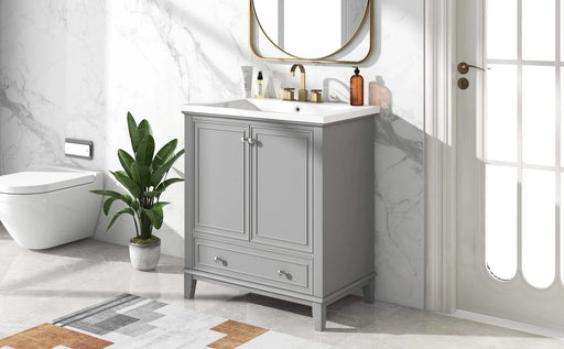 30' Bathroom Vanity with Sink Combo, Multi-functional Bathroom Cabinet with Doors and Drawer, Solid Frame and MDF Board, Grey Default -DTYStore