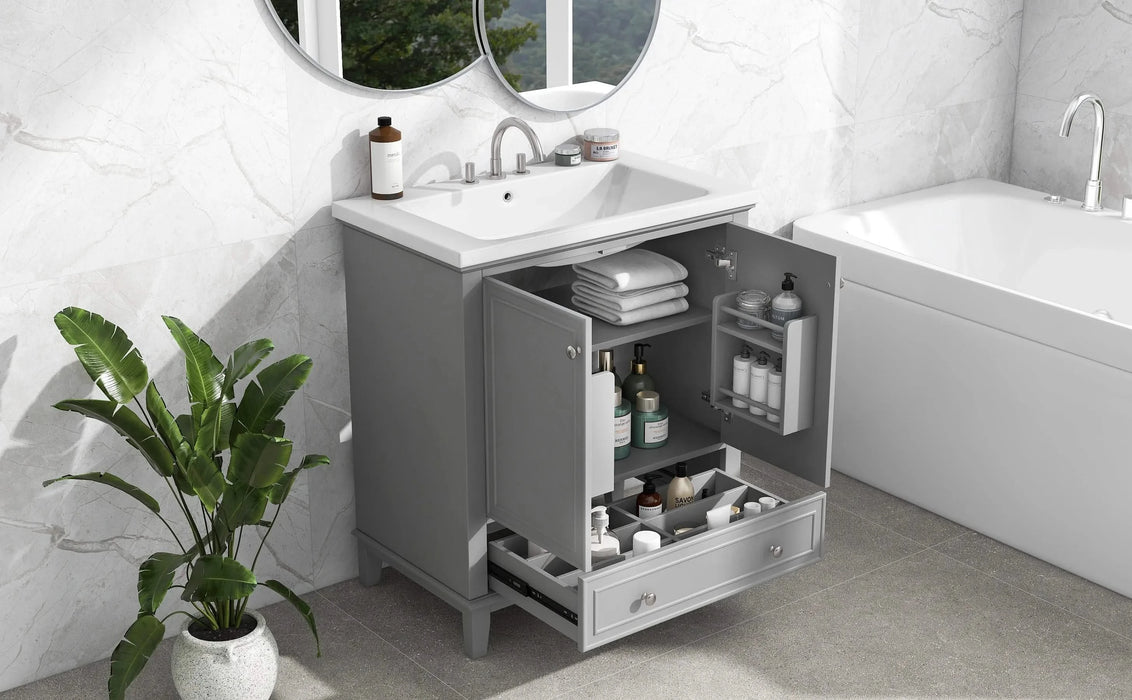 30' Bathroom Vanity with Sink Combo, Multi-functional Bathroom Cabinet with Doors and Drawer, Solid Frame and MDF Board, Grey Default -DTYStore