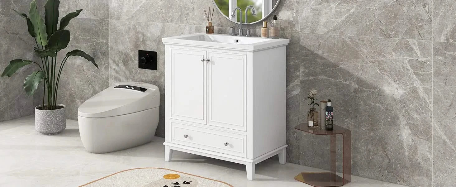 30' Bathroom Vanity with Sink Combo, Multi-functional Bathroom Cabinet with Doors and Drawer, Solid Frame and MDF Board, White Default -DTYStore