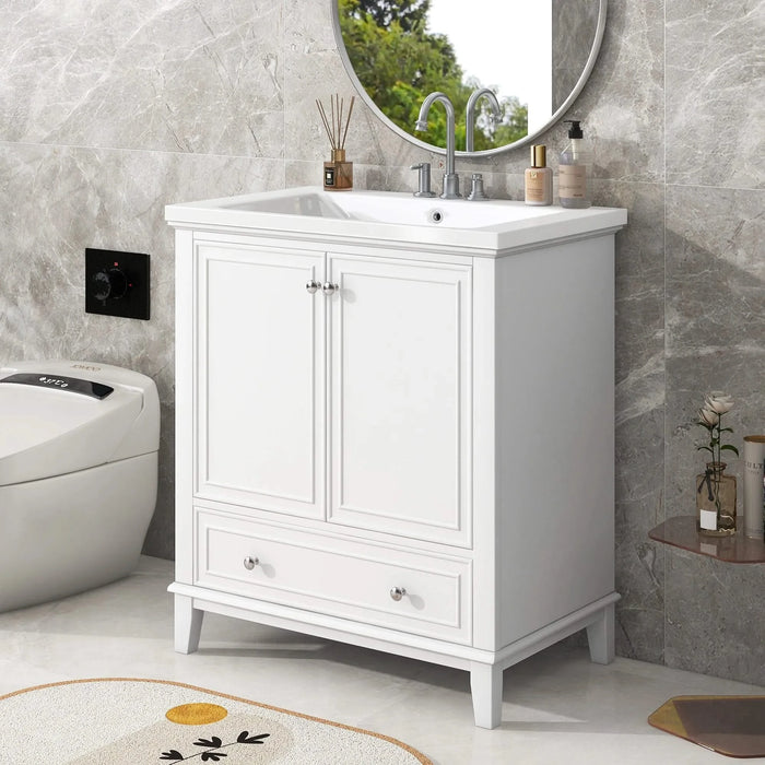 30' Bathroom Vanity with Sink Combo, Multi-functional Bathroom Cabinet with Doors and Drawer, Solid Frame and MDF Board, White Default -DTYStore