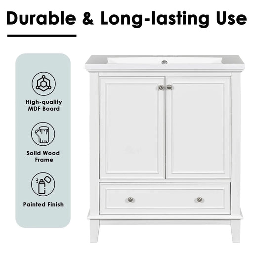 30' Bathroom Vanity with Sink Combo, Multi-functional Bathroom Cabinet with Doors and Drawer, Solid Frame and MDF Board, White (Old Sku:SY999606AAK) Default -DTYStore