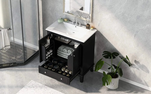 30' Bathroom Vanity with Sink Combo, Multi-functional Bathroom Cabinet with Doors and Drawer, Solid Wood and MDF Board, Black Default -DTYStore