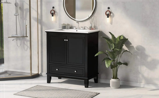 30' Bathroom Vanity with Sink Combo, Multi-functional Bathroom Cabinet with Doors and Drawer, Solid Wood and MDF Board, Black Default -DTYStore