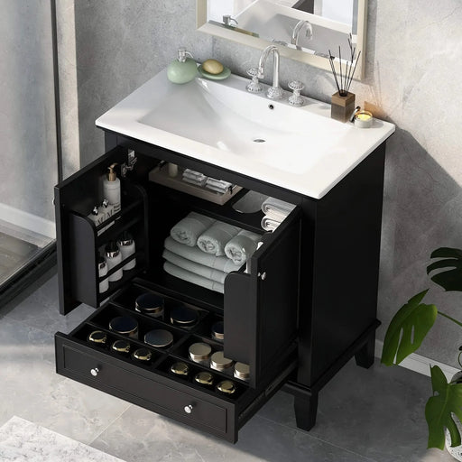30' Bathroom Vanity with Sink Combo, Multi-functional Bathroom Cabinet with Doors and Drawer, Solid Wood and MDF Board, Black Default -DTYStore