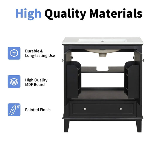 30' Bathroom Vanity with Sink Combo, Multi-functional Bathroom Cabinet with Doors and Drawer, Solid Wood and MDF Board, Black Default -DTYStore