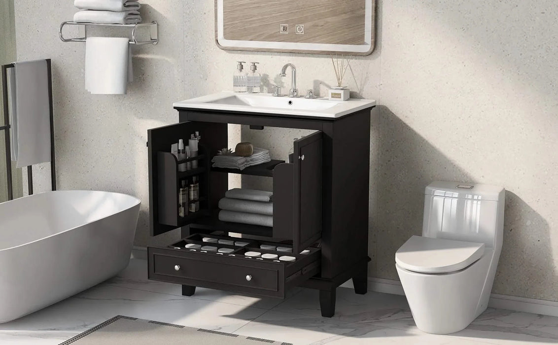 30' Bathroom Vanity with Sink Combo, Multi-functional Bathroom Cabinet with Doors and Drawer, Solid Wood and MDF Board, Black Default -DTYStore