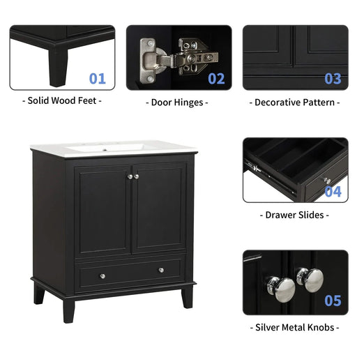 30' Bathroom Vanity with Sink Combo, Multi-functional Bathroom Cabinet with Doors and Drawer, Solid Wood and MDF Board, Black Default -DTYStore